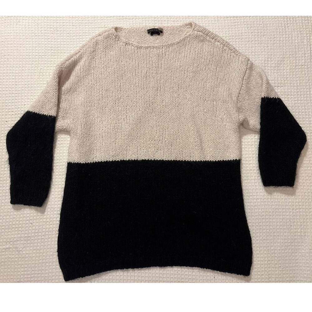Alice + Olivia Alpaca Silk Colorblock Knit Sweater Cream Black Medium RN 107677